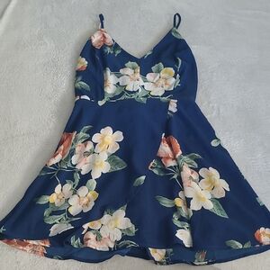 Love Tree Floral Sundress Small Blue Smocked Bodice Sleeveless Fit Flare Dress